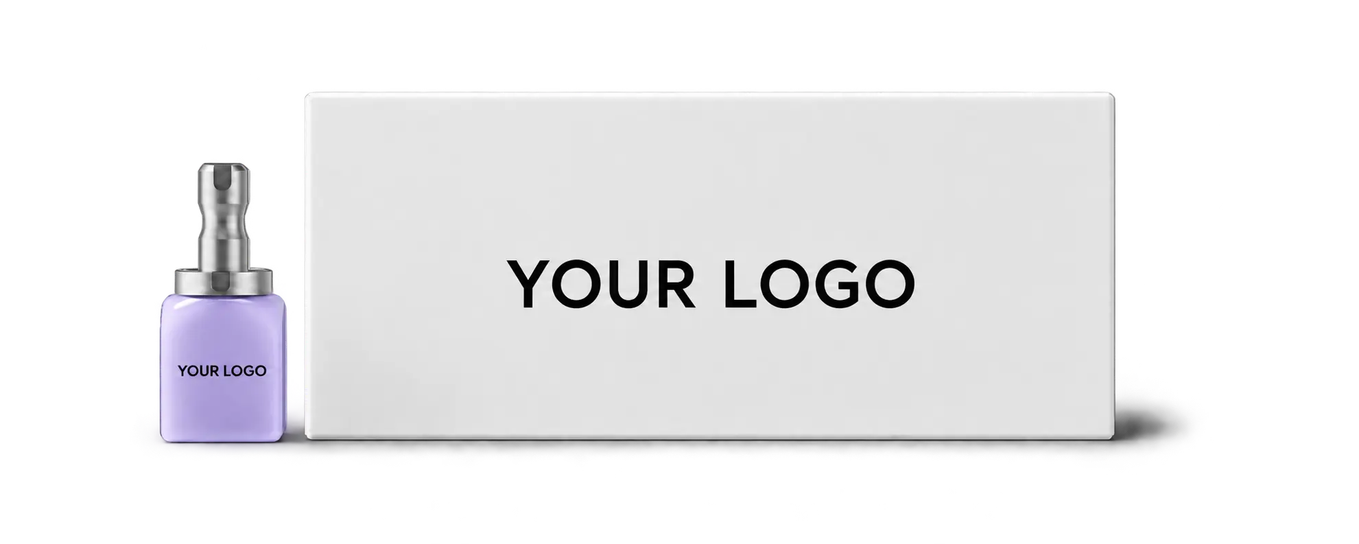 Private-label concept showing YOUR LOGO on a lavender CAD/CAM block and YOUR LOGO in black on its packaging